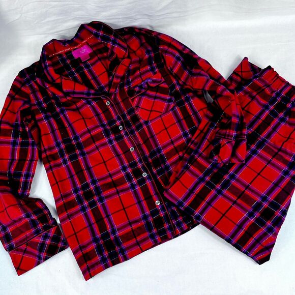 Victorias Secret Flannel Pajama Set Woman Large Red Purple & Silver Plaid Sz Med - Picture 1 of 6